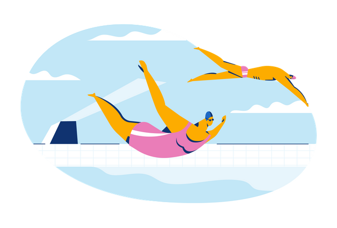 Les nageurs plongent et nagent dans la piscine sportive  Illustration