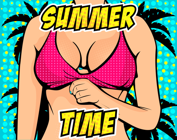 Nahaufnahme einer sexy Frau im Bikini mit Text „Summer Time“  Illustration