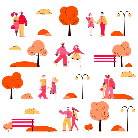 Seamless, Muster, Für, Valentinstag, Mit, Dating, Paare  Illustration