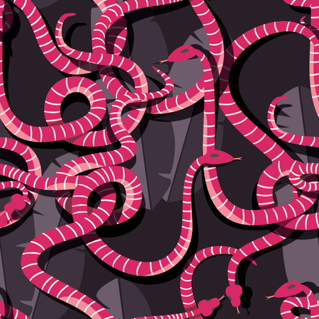 Nahtloses Muster mit bunten, ineinander verschlungenen, gestreiften Regenwaldschlangen  Illustration