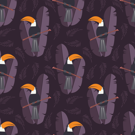 Nahtloses Muster mit süßem Dschungelpapagei-Tukan auf violettem Hintergrund  Illustration