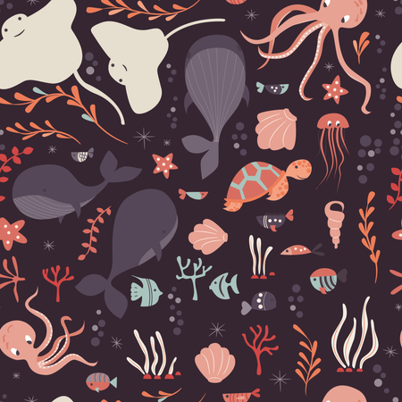 Nahtloses Muster mit Unterwasser-Meerestieren, Walen, Tintenfischen, Stachelrochen, Quallen  Illustration