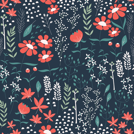 Nahtloses Musterdesign mit handgezeichneten Blumen und floralen Elementen, Vektorillustration  Illustration