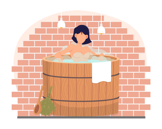 Naked girl in barrel is resting in sauna. Female character in hot steam. Lady cleans skin in banya  Illustration