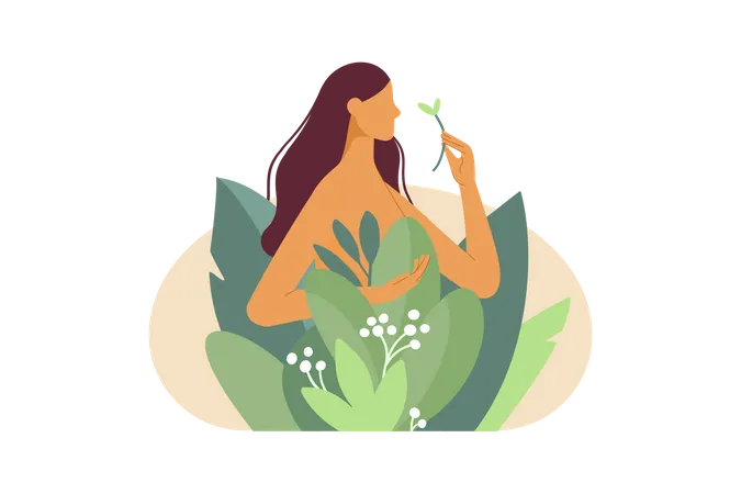 A Young And Beautiful Woman Stands Among Plants In Nature Vector Illustration In Flat Design Transparent Background Illustration