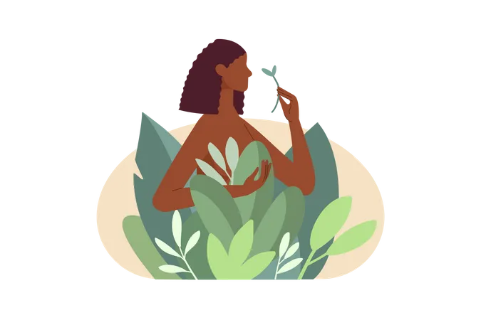 A Young And Beautiful Black Woman Stands Among Plants In Nature Vector Illustration In Flat Design Transparent Background Illustration