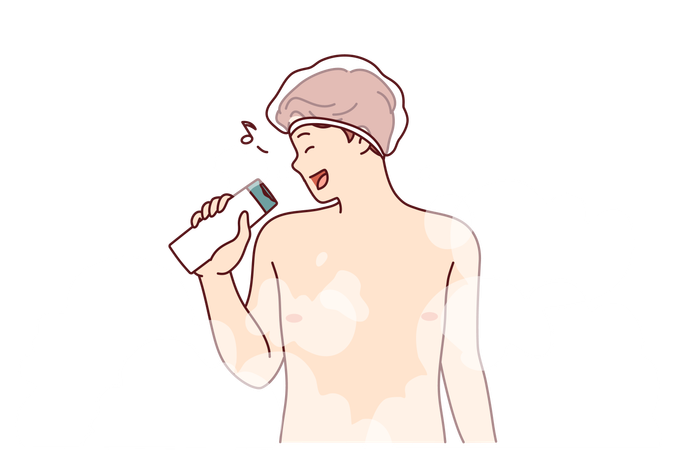 Naked man sings in shower  Illustration