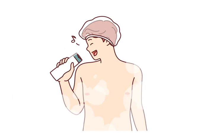 Naked Man Sings In Shower Using Shampoo Instead Of Microphone And Stands In Puffs Of Steam Guy Taking Bath Sings And Pretends To Be Visitor To Karaoke Club Enjoying Spa Treatments Illustration