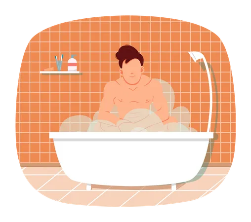 Naked man sitting in bathtub with hot water  Illustration