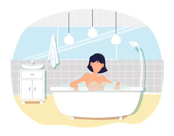 Naked woman sitting in bathtub with hot water in home sauna  Illustration