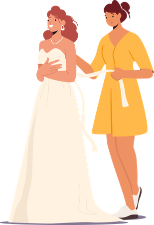 Namorada ajuda linda noiva a vestir vestido de renda antes da cerimônia de casamento  Ilustração