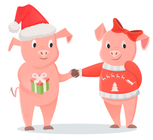 Namorada e namorado porco com chapéu de Papai Noel e arco trocam presentes  Illustration