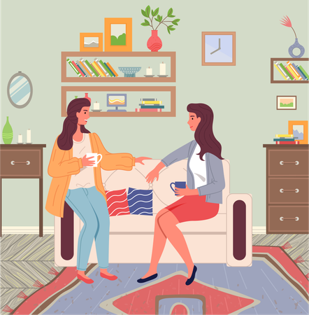 Namoradas conversando em casa com uma xícara de chá ou café sentadas no sofá  Ilustração