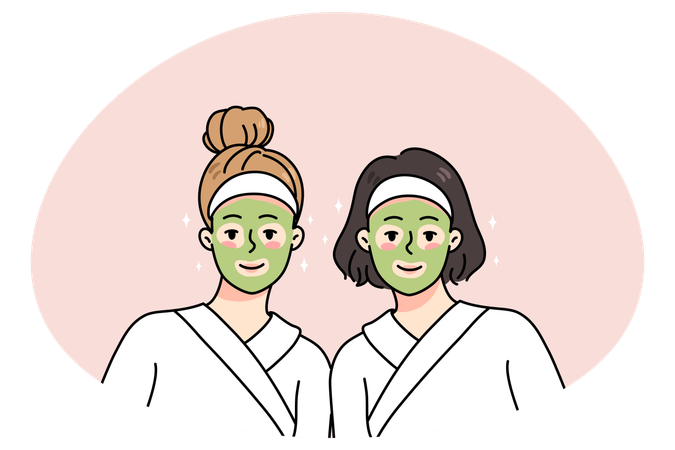 Namoradas sorridentes em roupões com máscaras no rosto fazem procedimentos de beleza  Ilustração