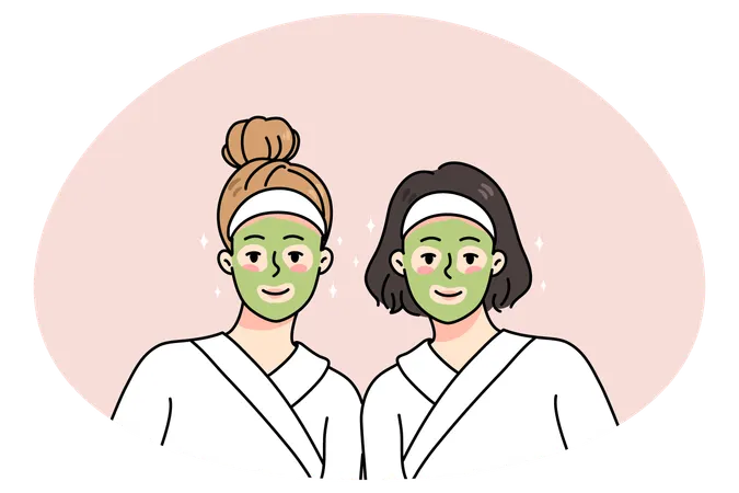 Namoradas sorridentes em roupões com máscaras no rosto fazem procedimentos de beleza  Ilustração