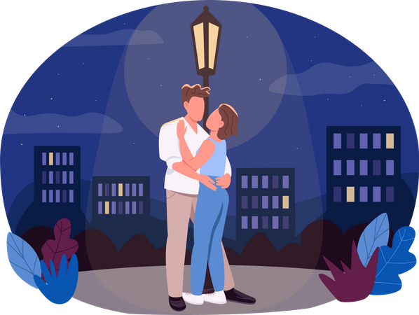 Namorado abraça namorada sob lanterna  Ilustração