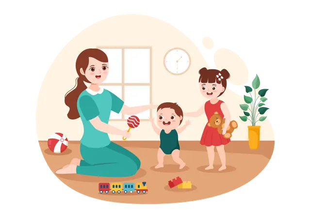 Babysitter Or Nanny Services To Care Provide For Baby Needs And Play With Children On Flat Cartoon Hand Drawn Template Illustration Illustration