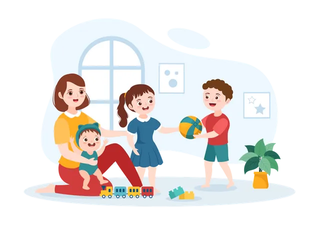 Babysitter Or Nanny Services To Care Provide For Baby Needs And Play With Children On Flat Cartoon Hand Drawn Template Illustration Illustration
