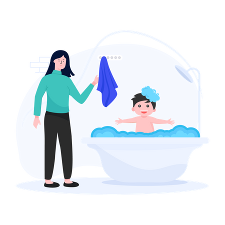 Nanny taking care of baby while bathing  Illustration