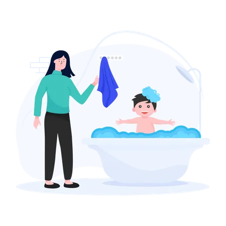 Nanny taking care of baby while bathing  Illustration