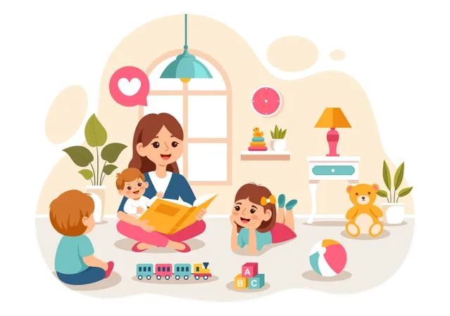 Babysitter Or Nanny Services Vector Illustration For Caring For Babies Providing For Their Needs And Playing With Baby In A Flat Cartoon Background Illustration