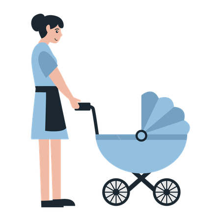 Nanny with baby stroller  Illustration