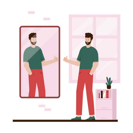 Narcissist male looking at self in mirror  Illustration