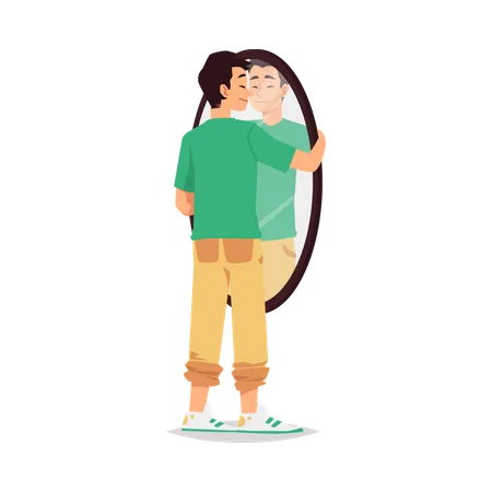 Narcissistic Male Character With Positive Self Acceptance Esteem And Confidence Looks At His Reflection And Hugging Mirror イラスト
