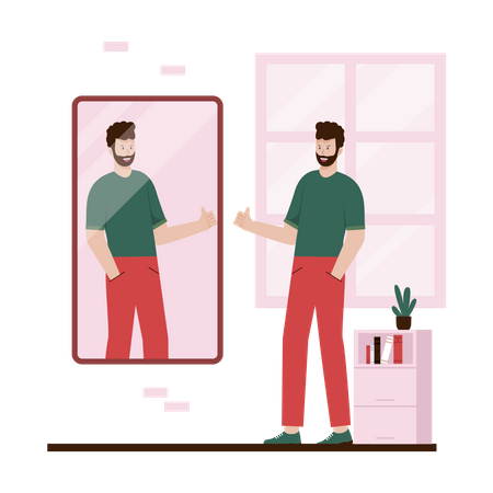 Narzisstischer Mann betrachtet sich selbst im Spiegel  Illustration