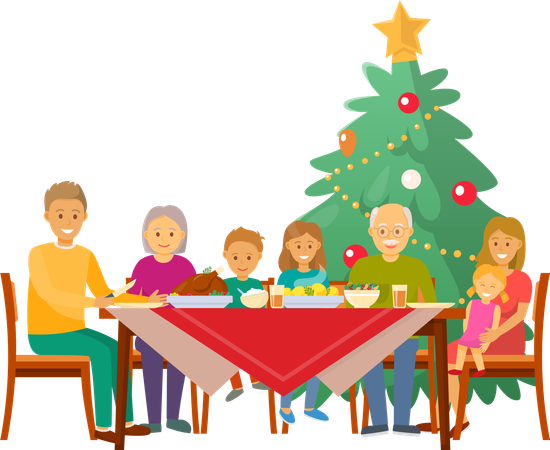 Família de Natal tendo jantar de comemoração em casa  Ilustração