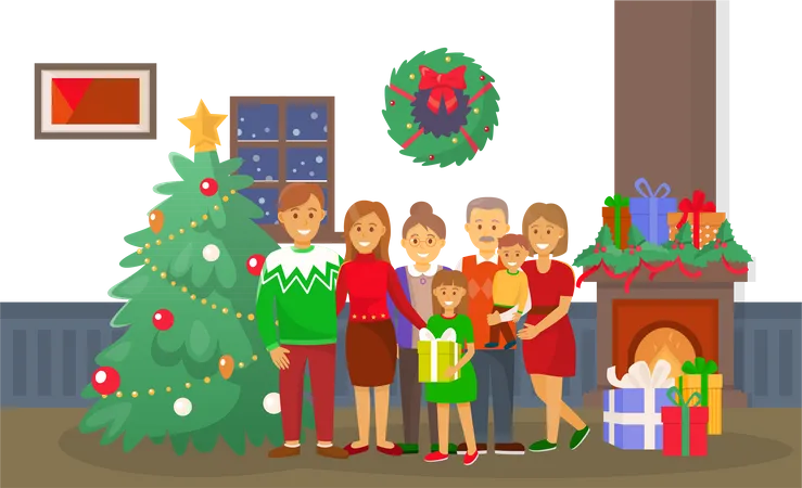 Família de Natal em casa  Ilustração