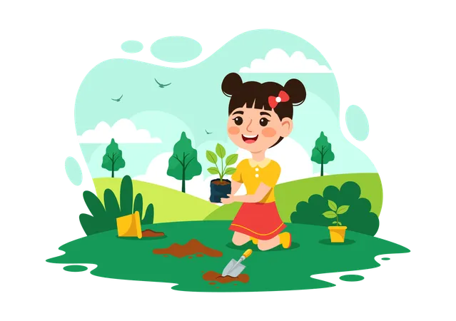 National Tree Planting Day Vector Illustration With Kids Plant Seedling Trees In Forest Or Garden In Arbor Flat Cartoon Background Design Illustration