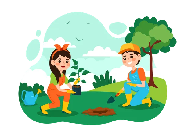National Tree Planting Day Vector Illustration With Kids Plant Seedling Trees In Forest Or Garden In Arbor Flat Cartoon Background Design Illustration