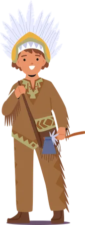 Native American Kid In Traditional Outfit Features Fringe And Feathers Holding Tomahawk A Symbolic Tool Reflecting Cultural Heritage With Authenticity And Pride Cartoon People Vector Illustration Illustration