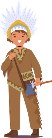 Native American Kid in Traditional Outfit Features And  Holding Tomahawk  Illustration