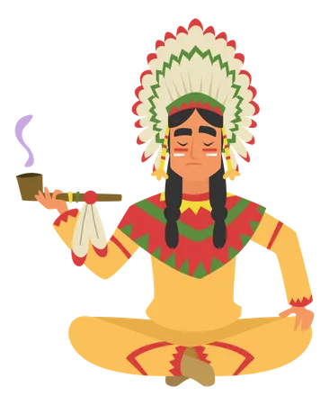 Native American man smoking herb Illustration
