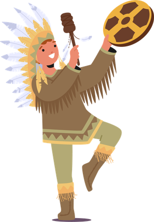 Native American Shaman Kid Wears Vibrant With Tribal Symbols while  Holding Tambourine  Illustration