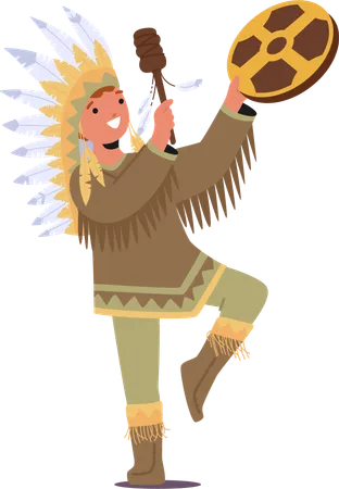 Native American Shaman Kid Wears Vibrant With Tribal Symbols while  Holding Tambourine  Illustration