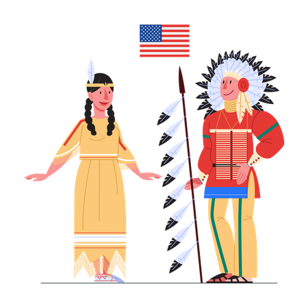 Native Americans in national costume with a flag  Illustration