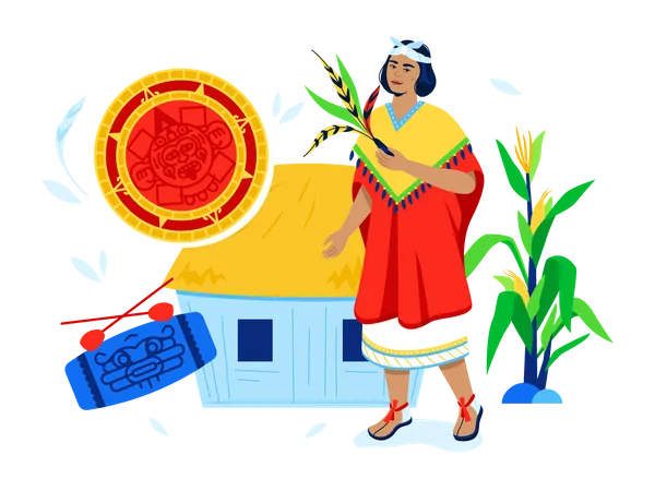 Native Peasant Woman Modern Colored Vector Poster On White Background With Mayan Traditional Hut Corn Drum And Calendar Circle Ancient People Agriculture Ethnic Clothes And Tribal Life Idea 일러스트레이션