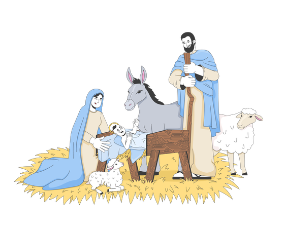 Nativity with baby Jesus and family  Illustration