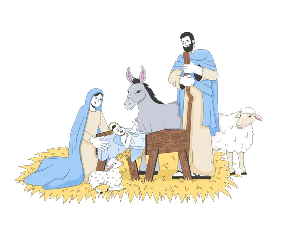 Nativity with baby Jesus and family  Illustration