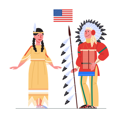 Nativos americanos em trajes nacionais com bandeira  Ilustração