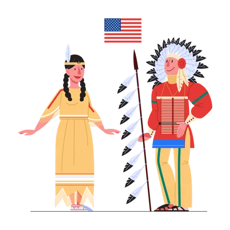 Nativos americanos en traje nacional con una bandera.  Ilustración