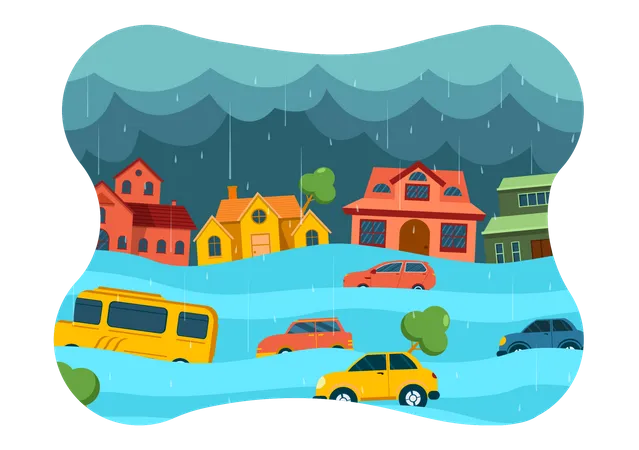 Floods Vector Illustration Of The Storm Wreaked Havoc And Flooded The City With Houses And Cars Sinking In Flat Cartoon Background Templates イラスト