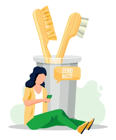 The Girl Sits On The Floor With A Smartphone In Her Hands And Writes Sms Or Sends An Email Natural Organic Wooden Toothbrushes In A Glass Beaker Zero Waste Eco Friendy Equipment For Oral Hygiene Illustration