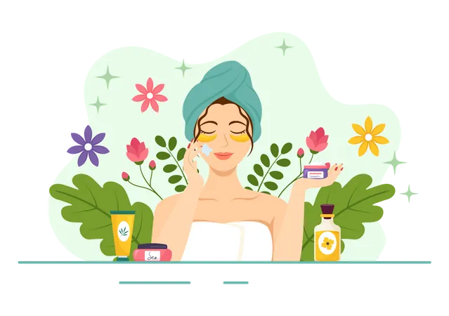 Natural Skin Care Vector Illustration Of Women Applying Cosmetics Face Skincare Products With Organic Ingredients In Flat Cartoon Background Template Illustration
