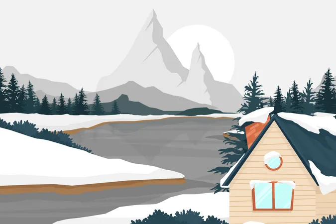 Paisaje natural paisaje de casa y bosque árbol de invierno cubierto de nieve  Ilustración
