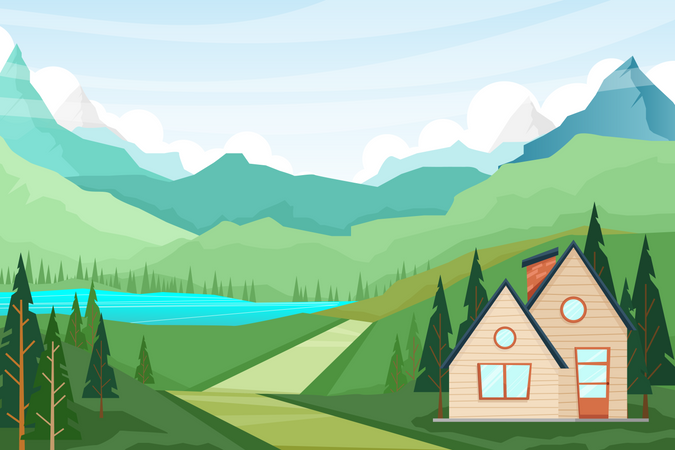 Nature landscape scenery of house and pine tree Illustration