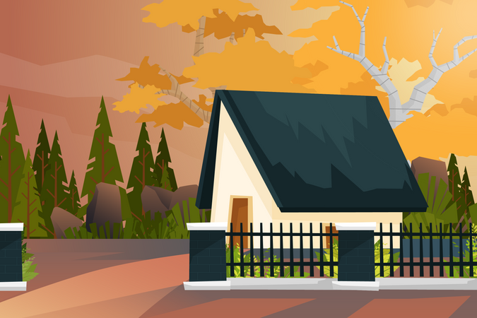 Nature landscape scenery of house and pine tree  Illustration